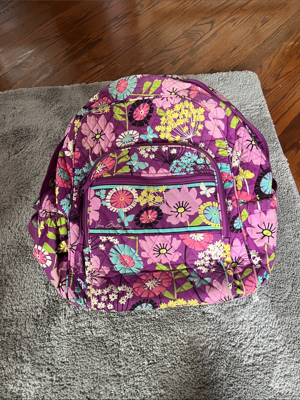 Vera Bradley Purple Floral Quilted Daypack with Bright Multi-Color Flowers